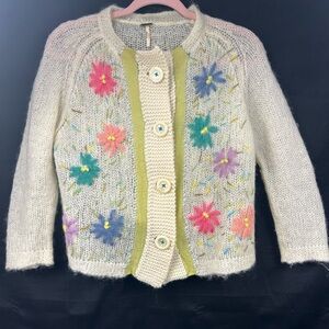Free People Textured Cream and Green Cardigan
